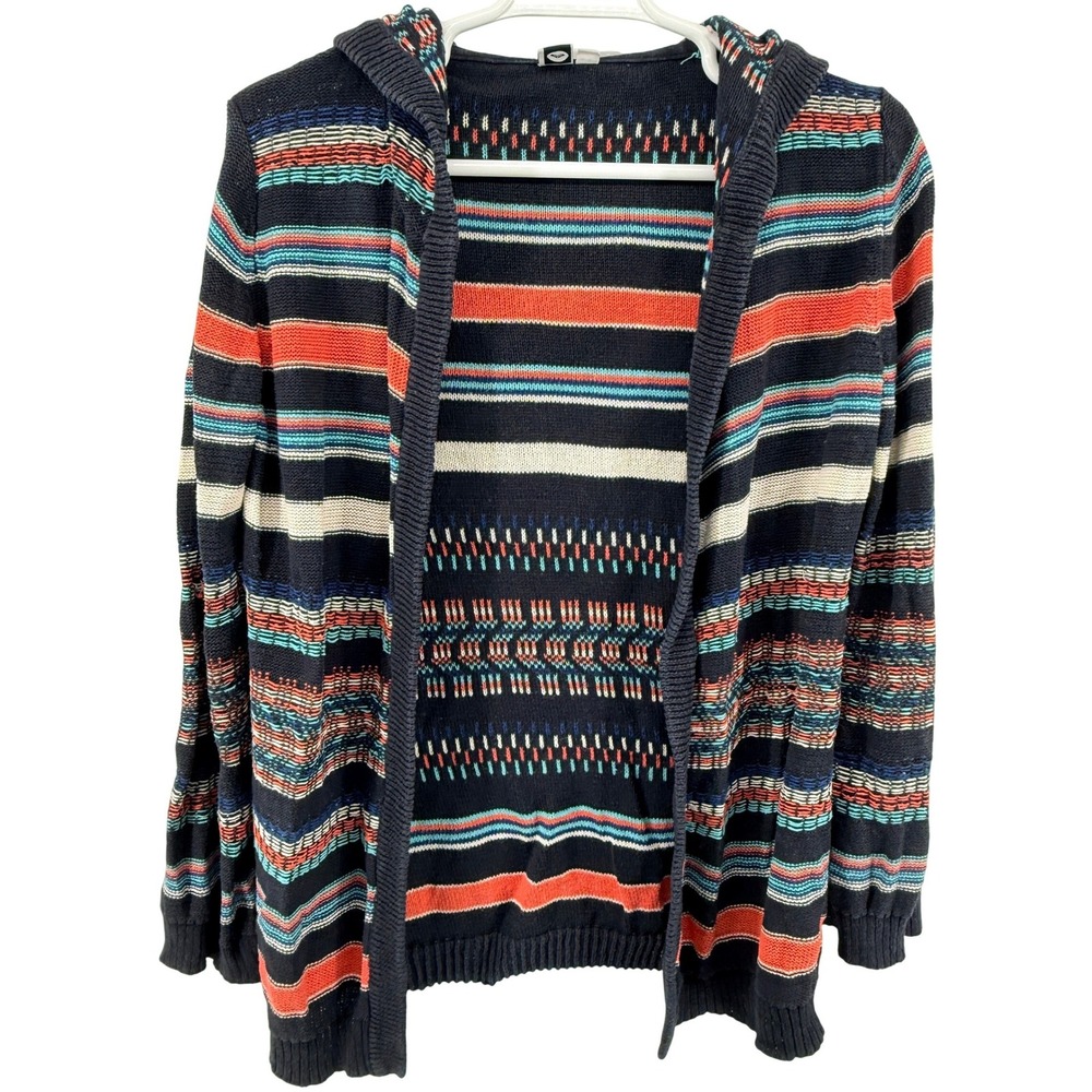 Roxy Cardigan Women‎ XL Navy Blue Stripe K467350 Hooded Open Front Ramie Cotton